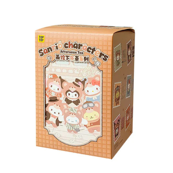 Brown box with sanrio branding and sanrio characters, Hello kitty, Kuromi, My Melody, Pochacco, Cinnamaroll and Pompompurin.